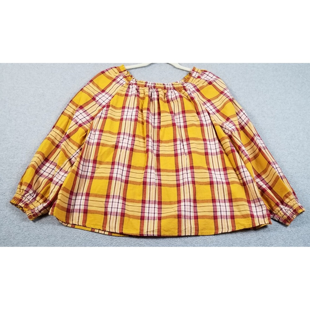 Old Navy Blouse Womens L Large Yellow Red Plaid Peasant Top Long Sleeve Smocked